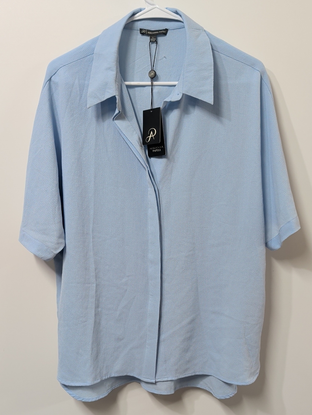 Adrianna Papell Powder Blue Airflow Woven Short Sleeve Button-Down Top